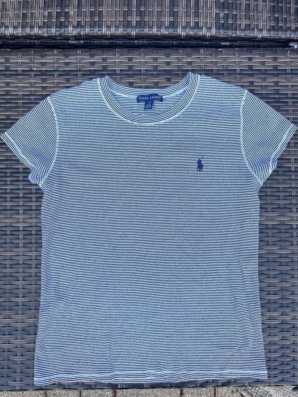 Women’s Ralph Lauren Navy & White Striped Crewneck Soft Cotton Tee Size L